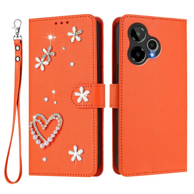 For Cricket Icon Plus 2026 / Icon 7 5G ZS01 Double-Layer Heart Floral Vegan Leather Phone Case with Wrist Strap