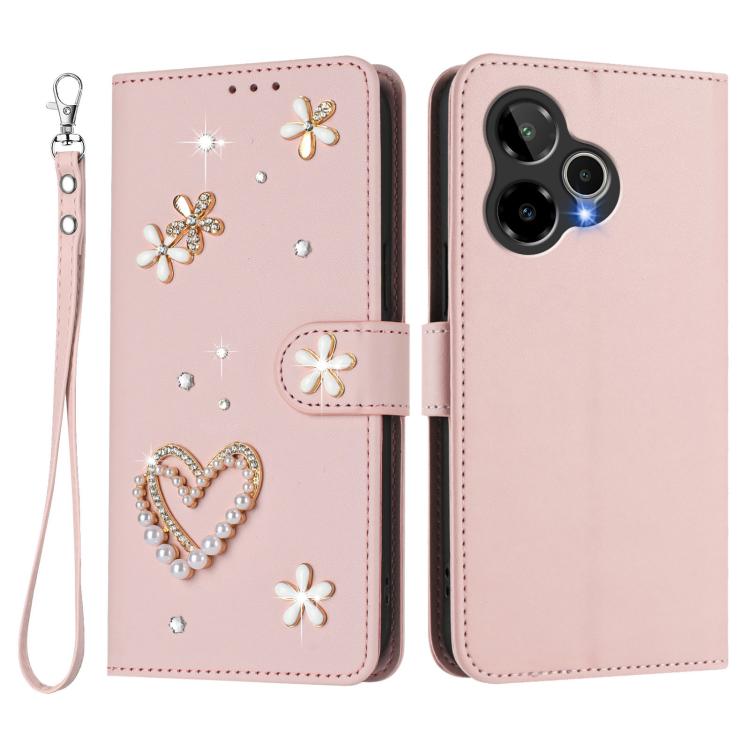 For Cricket Icon Plus 2026 / Icon 7 5G ZS01 Double-Layer Heart Floral Vegan Leather Phone Case with Wrist Strap