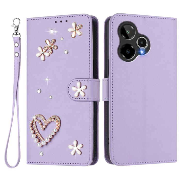 For Cricket Icon Plus 2026 / Icon 7 5G ZS01 Double-Layer Heart Floral Vegan Leather Phone Case with Wrist Strap