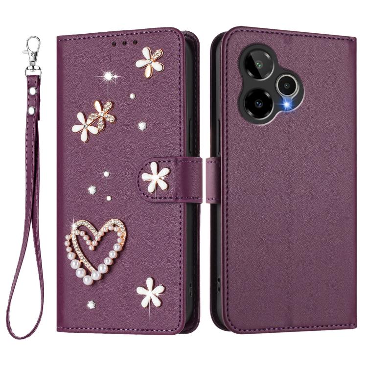 For Cricket Icon Plus 2026 / Icon 7 5G ZS01 Double-Layer Heart Floral Vegan Leather Phone Case with Wrist Strap