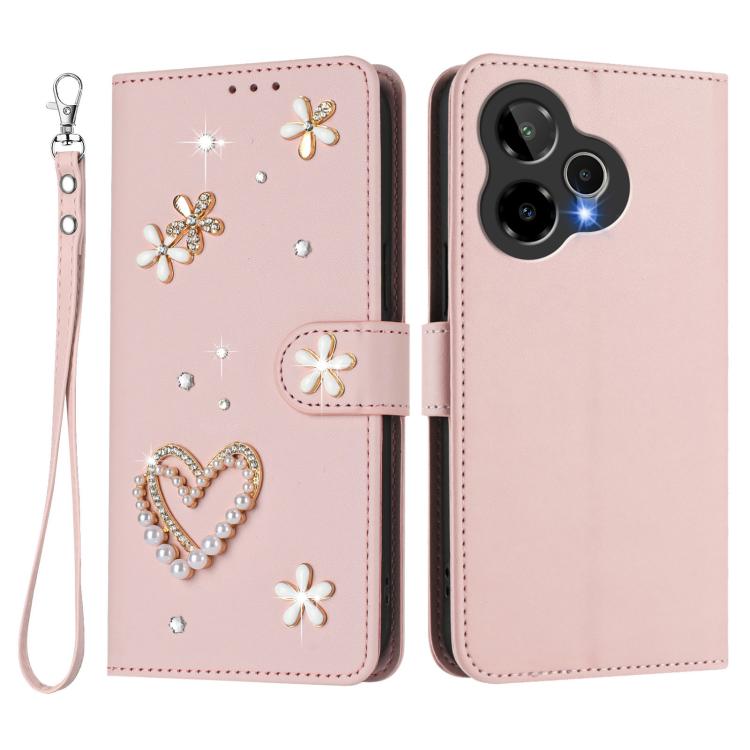 For Cricket Icon Pro 2026 ZS01 Double-Layer Heart Floral Vegan Leather Phone Case with Wrist Strap