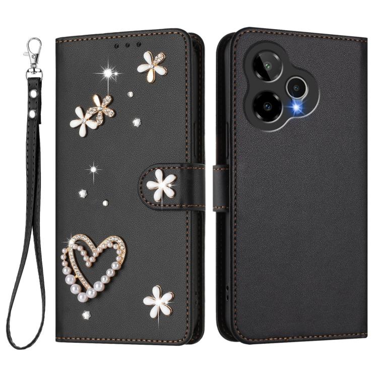 For Cricket Icon Pro 2026 ZS01 Double-Layer Heart Floral Vegan Leather Phone Case with Wrist Strap