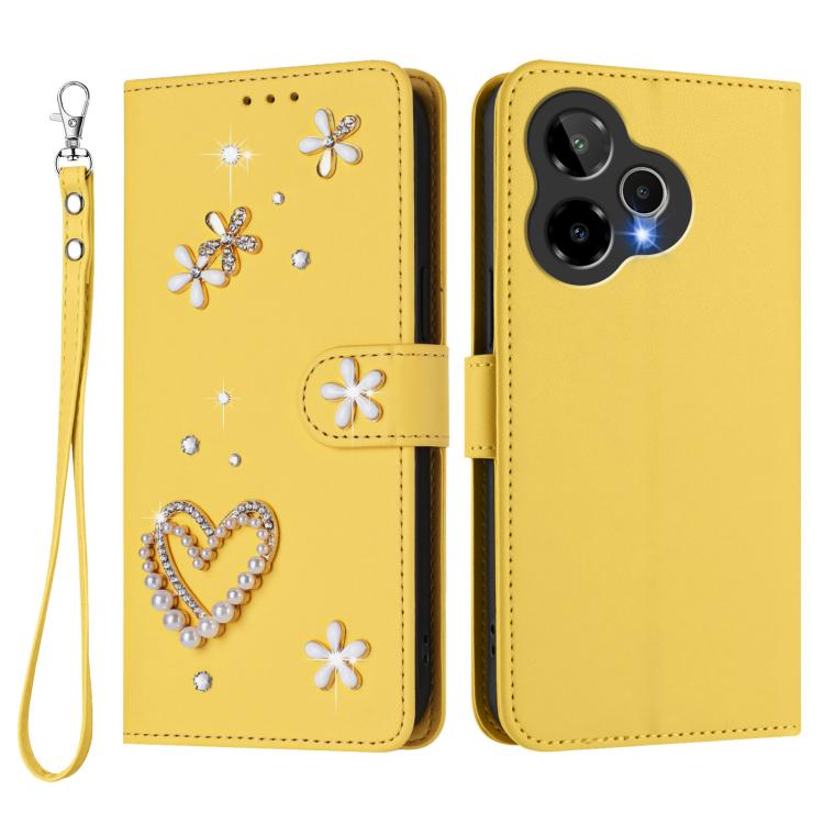 For Cricket Icon Pro 2026 ZS01 Double-Layer Heart Floral Vegan Leather Phone Case with Wrist Strap