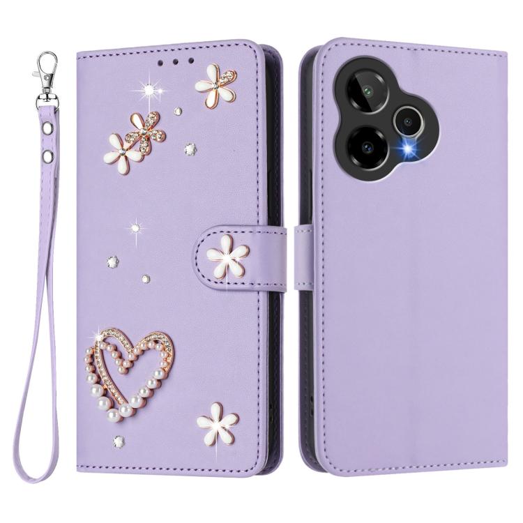 For Cricket Icon Pro 2026 ZS01 Double-Layer Heart Floral Vegan Leather Phone Case with Wrist Strap