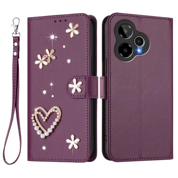 For Cricket Icon Pro 2026 ZS01 Double-Layer Heart Floral Vegan Leather Phone Case with Wrist Strap