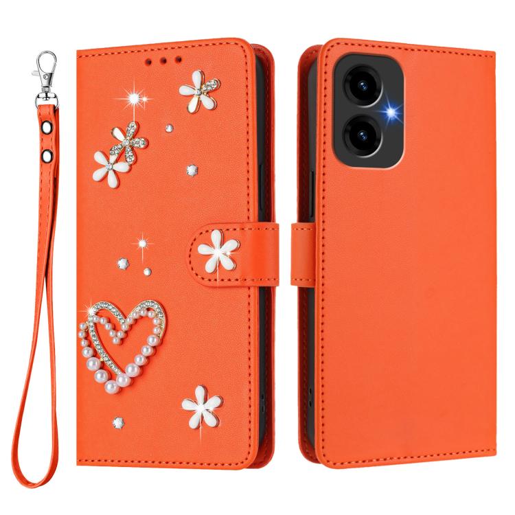 For Cricket Icon 2026 U656AC ZS01 Double-Layer Heart Floral Vegan Leather Phone Case with Wrist Strap