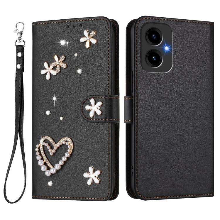 For Cricket Icon 2026 U656AC ZS01 Double-Layer Heart Floral Vegan Leather Phone Case with Wrist Strap