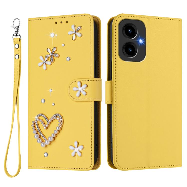 For Cricket Icon 2026 U656AC ZS01 Double-Layer Heart Floral Vegan Leather Phone Case with Wrist Strap