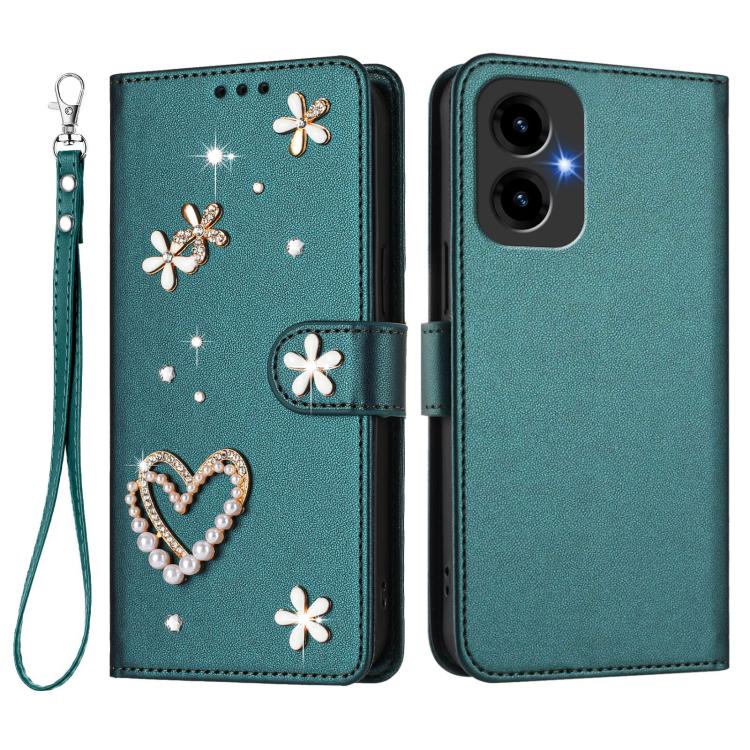 For Cricket Icon 2026 U656AC ZS01 Double-Layer Heart Floral Vegan Leather Phone Case with Wrist Strap
