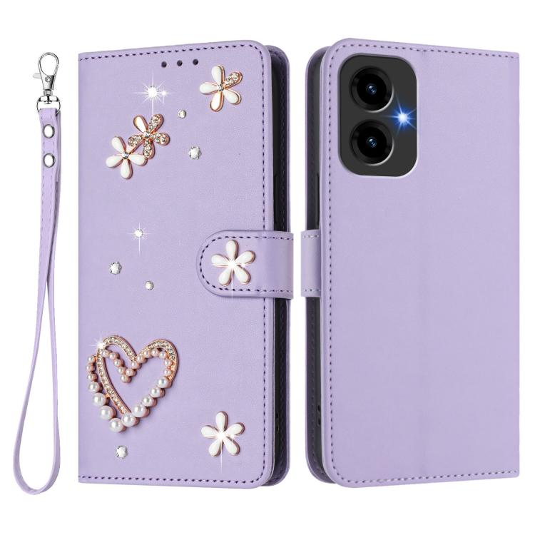 For Cricket Icon 2026 U656AC ZS01 Double-Layer Heart Floral Vegan Leather Phone Case with Wrist Strap