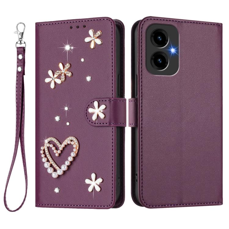 For Cricket Icon 2026 U656AC ZS01 Double-Layer Heart Floral Vegan Leather Phone Case with Wrist Strap