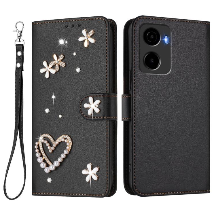 For Cricket Magic 2 5G ZS01 Double-Layer Heart Floral Vegan Leather Phone Case with Wrist Strap