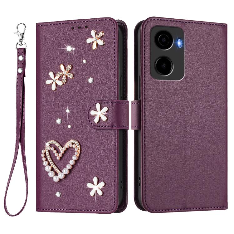 For Cricket Magic 2 5G ZS01 Double-Layer Heart Floral Vegan Leather Phone Case with Wrist Strap