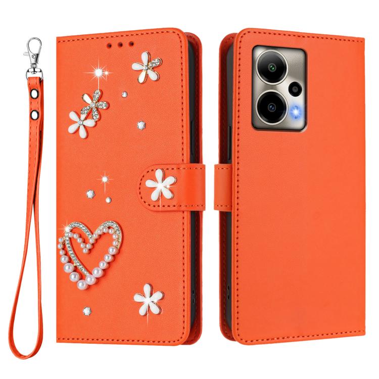 For Cricket Outlast ZS01 Double-Layer Heart Floral Vegan Leather Phone Case with Wrist Strap