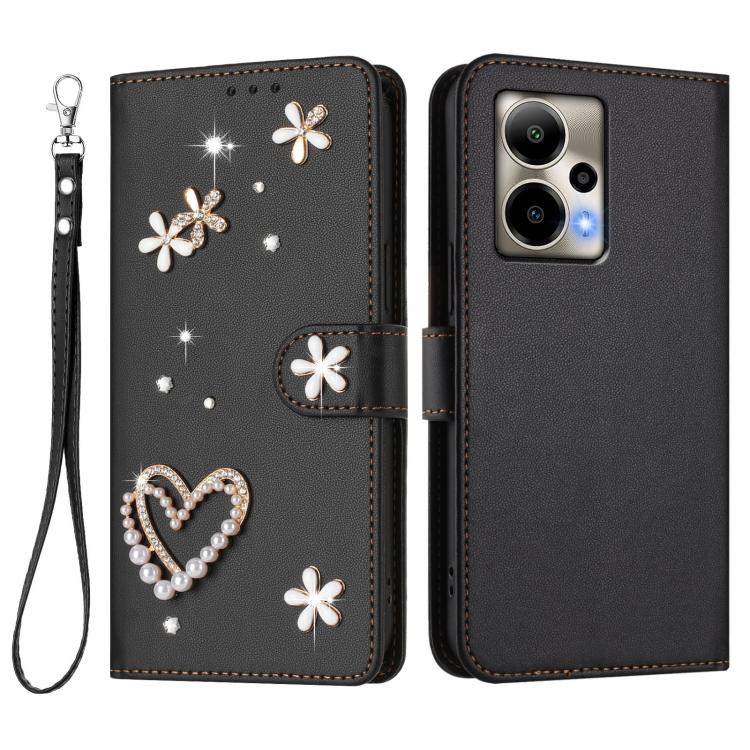 For Cricket Outlast ZS01 Double-Layer Heart Floral Vegan Leather Phone Case with Wrist Strap