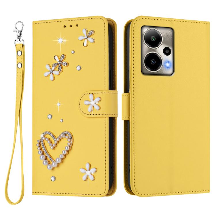 For Cricket Outlast ZS01 Double-Layer Heart Floral Vegan Leather Phone Case with Wrist Strap