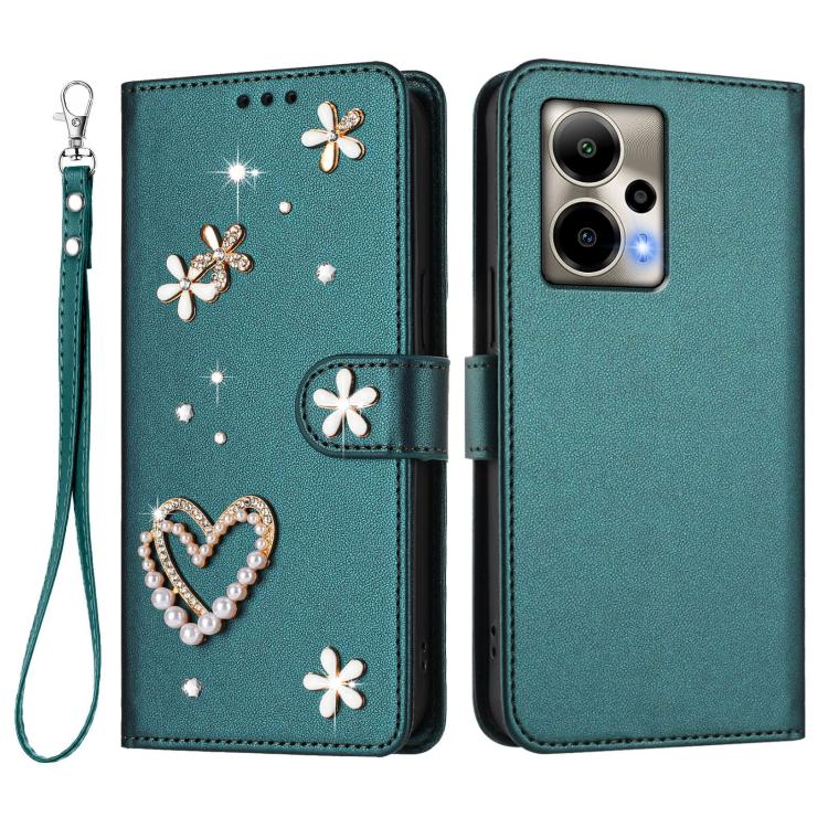 For Cricket Outlast ZS01 Double-Layer Heart Floral Vegan Leather Phone Case with Wrist Strap