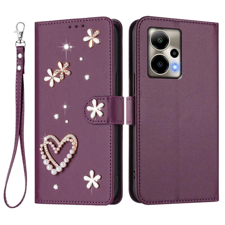 For Cricket Outlast ZS01 Double-Layer Heart Floral Vegan Leather Phone Case with Wrist Strap