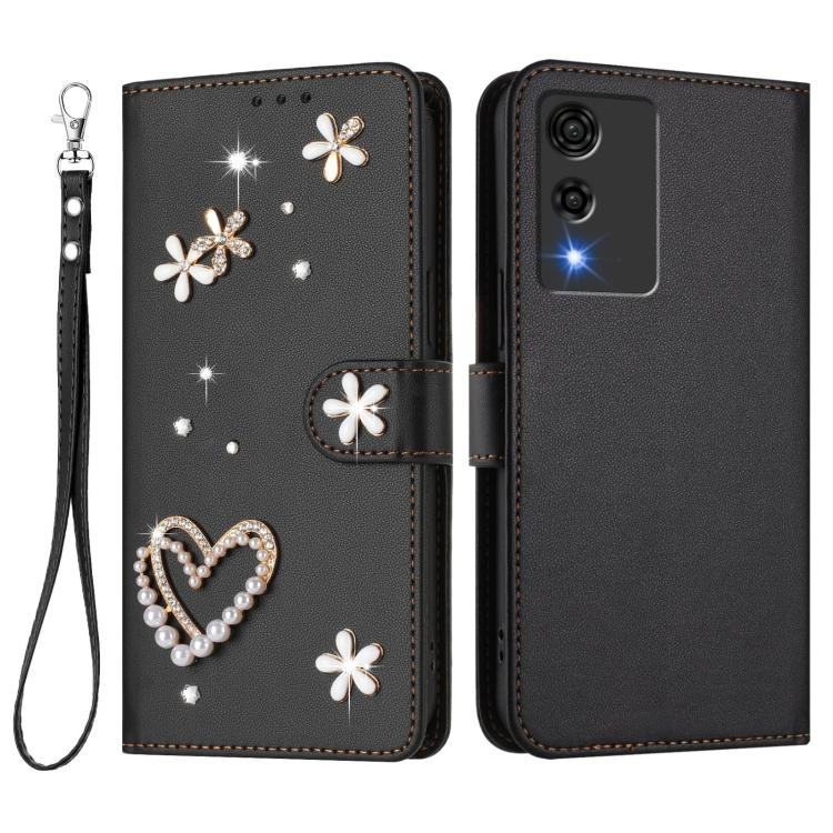 For Cubot A10 ZS01 Double-Layer Heart Floral Vegan Leather Phone Case with Wrist Strap