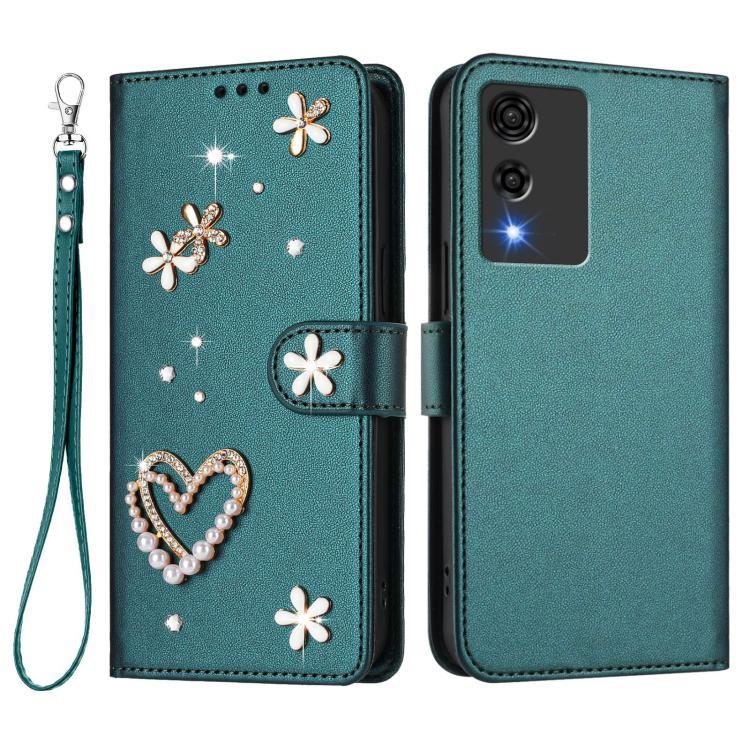 For Cubot A10 ZS01 Double-Layer Heart Floral Vegan Leather Phone Case with Wrist Strap
