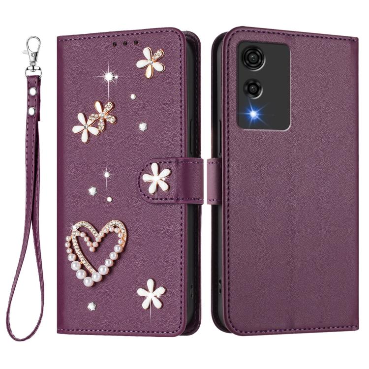 For Cubot A10 ZS01 Double-Layer Heart Floral Vegan Leather Phone Case with Wrist Strap