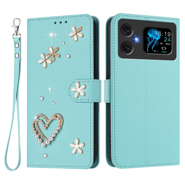 For Cubot A20 ZS01 Double-Layer Heart Floral Vegan Leather Phone Case with Wrist Strap