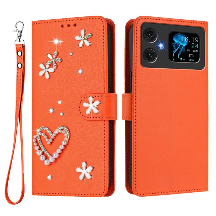 For Cubot A20 ZS01 Double-Layer Heart Floral Vegan Leather Phone Case with Wrist Strap