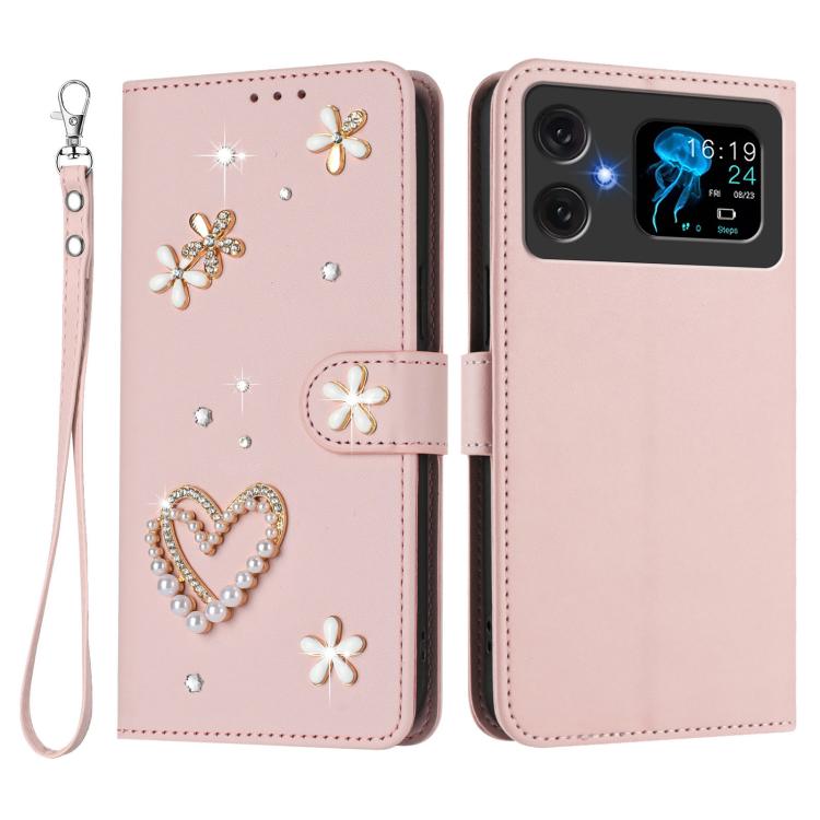 For Cubot A20 ZS01 Double-Layer Heart Floral Vegan Leather Phone Case with Wrist Strap