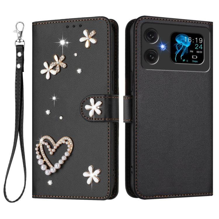 For Cubot A20 ZS01 Double-Layer Heart Floral Vegan Leather Phone Case with Wrist Strap