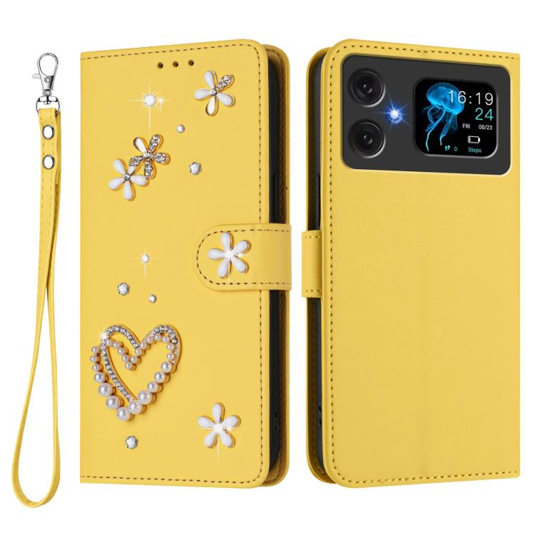 For Cubot A20 ZS01 Double-Layer Heart Floral Vegan Leather Phone Case with Wrist Strap