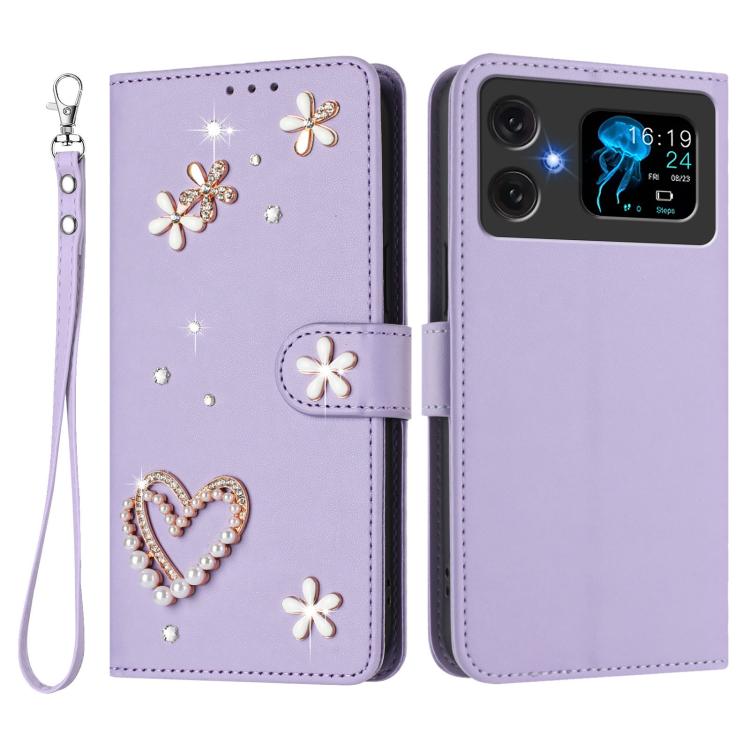 For Cubot A20 ZS01 Double-Layer Heart Floral Vegan Leather Phone Case with Wrist Strap