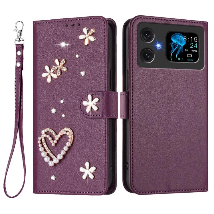 For Cubot A20 ZS01 Double-Layer Heart Floral Vegan Leather Phone Case with Wrist Strap
