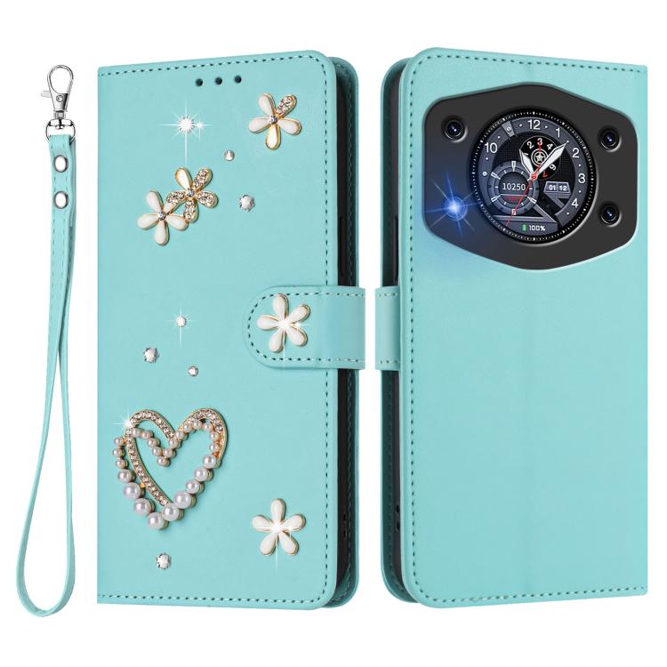 For Cubot A30 ZS01 Double-Layer Heart Floral Vegan Leather Phone Case with Wrist Strap