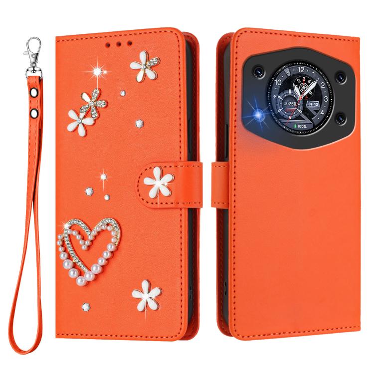 For Cubot A30 ZS01 Double-Layer Heart Floral Vegan Leather Phone Case with Wrist Strap