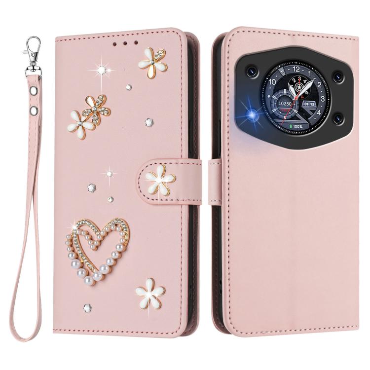 For Cubot A30 ZS01 Double-Layer Heart Floral Vegan Leather Phone Case with Wrist Strap