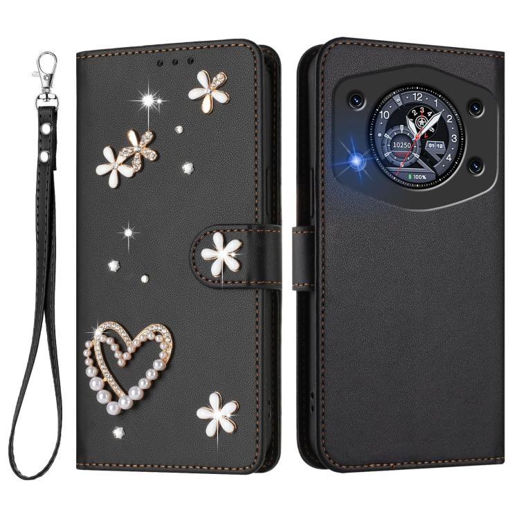 For Cubot A30 ZS01 Double-Layer Heart Floral Vegan Leather Phone Case with Wrist Strap