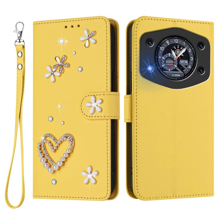 For Cubot A30 ZS01 Double-Layer Heart Floral Vegan Leather Phone Case with Wrist Strap