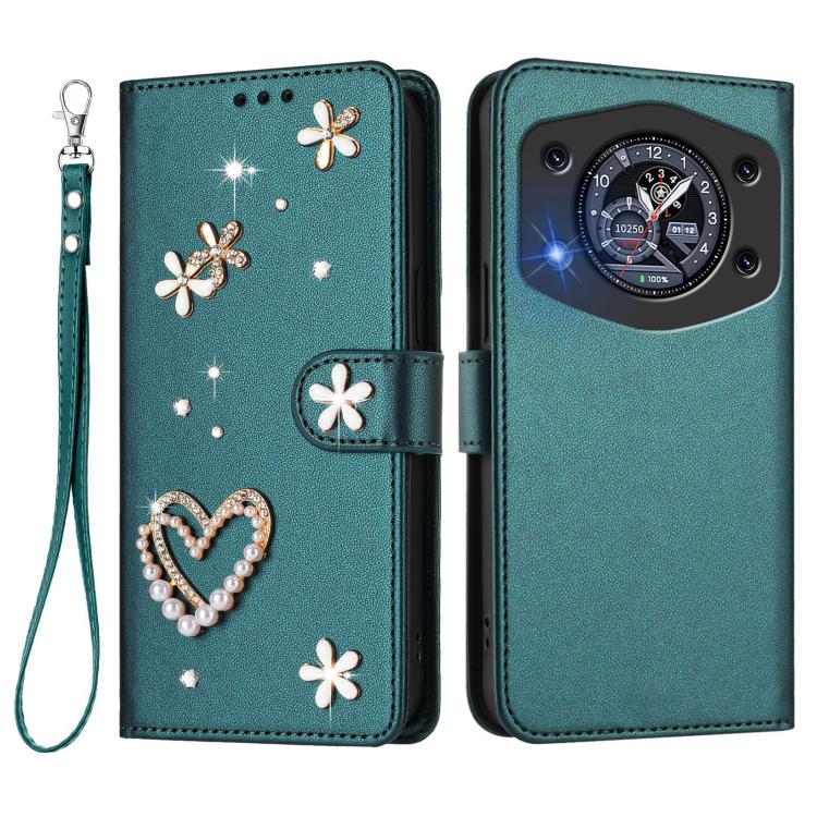For Cubot A30 ZS01 Double-Layer Heart Floral Vegan Leather Phone Case with Wrist Strap