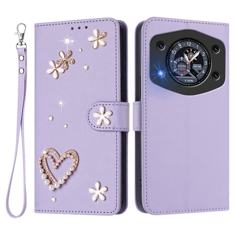 For Cubot A30 ZS01 Double-Layer Heart Floral Vegan Leather Phone Case with Wrist Strap