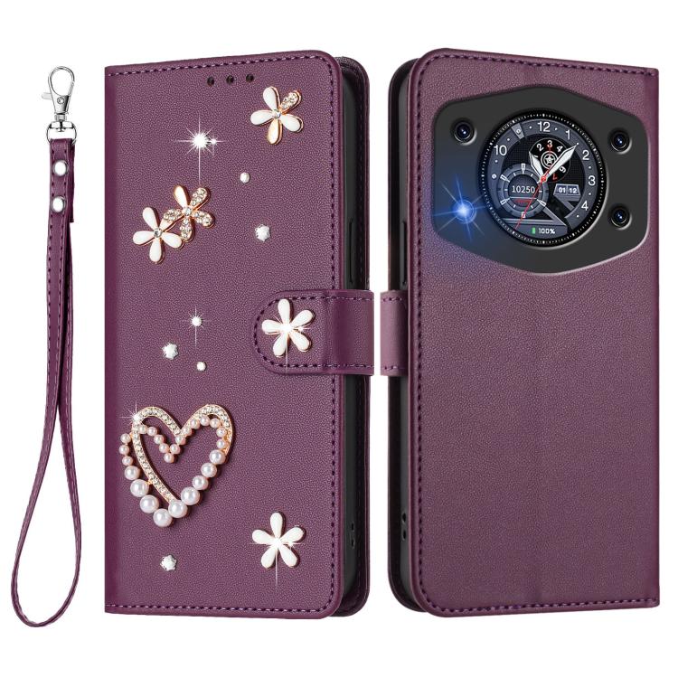 For Cubot A30 ZS01 Double-Layer Heart Floral Vegan Leather Phone Case with Wrist Strap