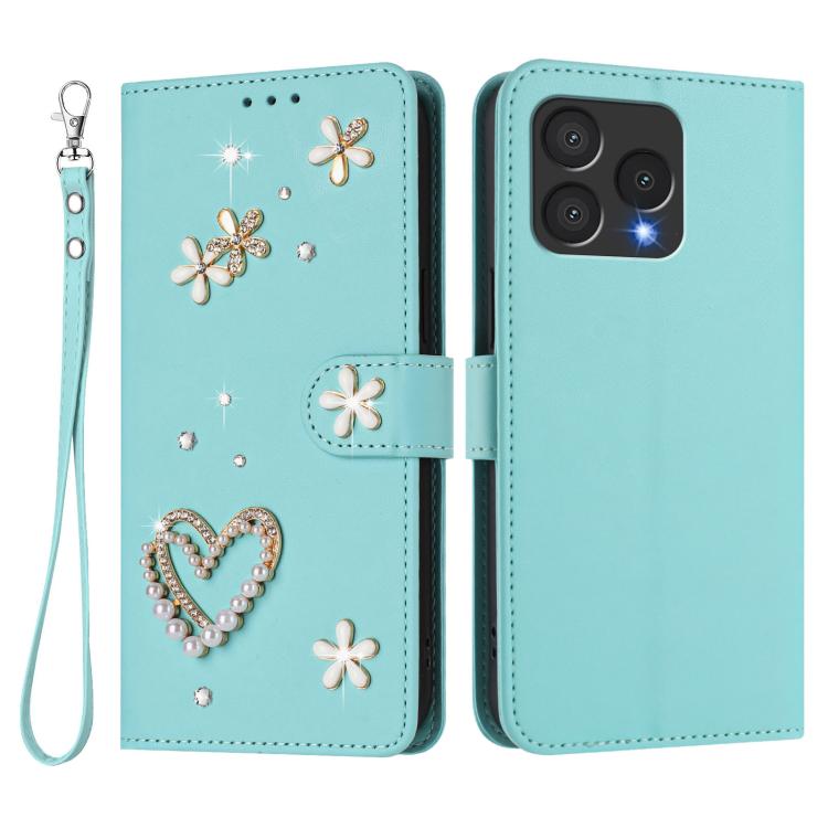 For Cubot A40 ZS01 Double-Layer Heart Floral Vegan Leather Phone Case with Wrist Strap