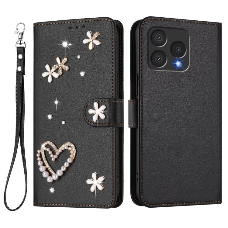 For Cubot A40 ZS01 Double-Layer Heart Floral Vegan Leather Phone Case with Wrist Strap