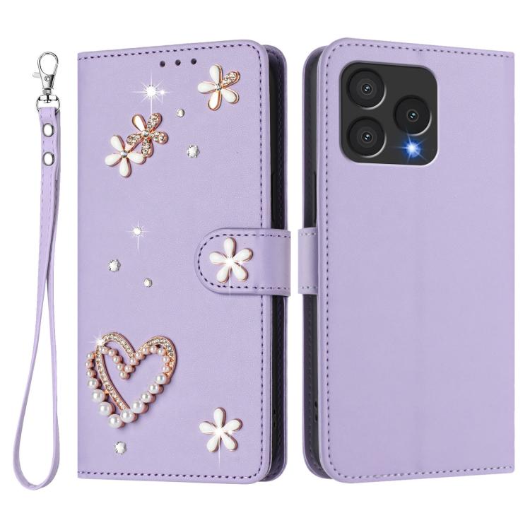 For Cubot A40 ZS01 Double-Layer Heart Floral Vegan Leather Phone Case with Wrist Strap