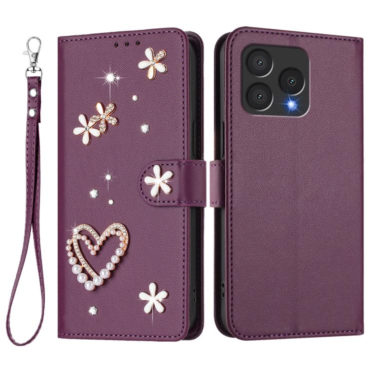 For Cubot A40 ZS01 Double-Layer Heart Floral Vegan Leather Phone Case with Wrist Strap