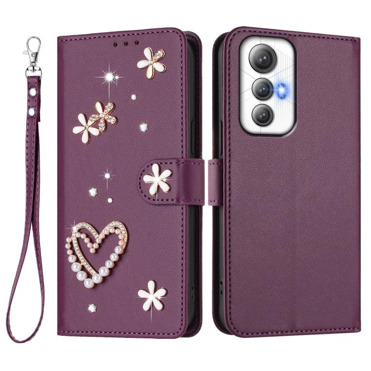 For Cubot Max 5 ZS01 Double-Layer Heart Floral Vegan Leather Phone Case with Wrist Strap