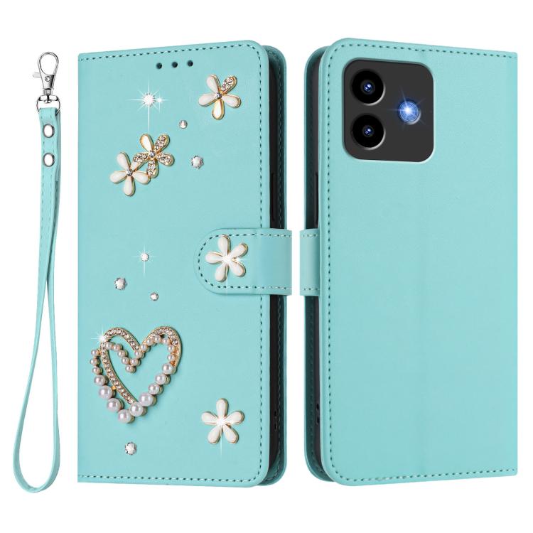 For Cubot Note 40 ZS01 Double-Layer Heart Floral Vegan Leather Phone Case with Wrist Strap