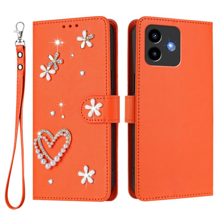 For Cubot Note 40 ZS01 Double-Layer Heart Floral Vegan Leather Phone Case with Wrist Strap