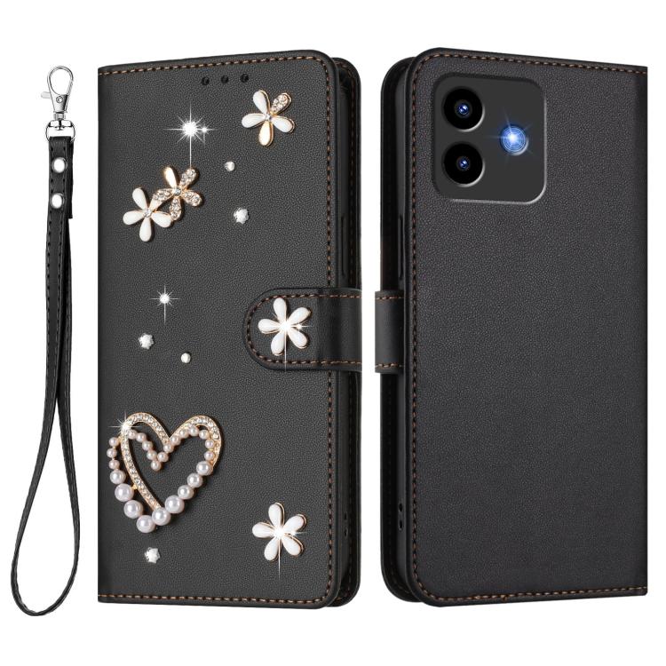 For Cubot Note 40 ZS01 Double-Layer Heart Floral Vegan Leather Phone Case with Wrist Strap
