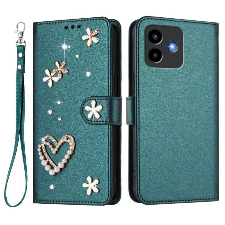 For Cubot Note 40 ZS01 Double-Layer Heart Floral Vegan Leather Phone Case with Wrist Strap