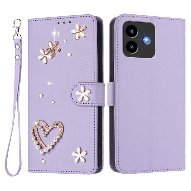 For Cubot Note 40 ZS01 Double-Layer Heart Floral Vegan Leather Phone Case with Wrist Strap